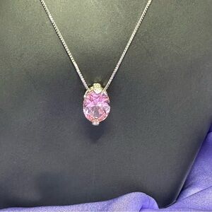 Sterling Silver 925 Pink Oval Pendant Necklace – Sparkling Rhinestone Accent